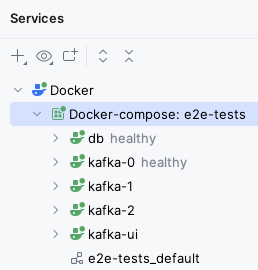 Screenshot of IntelliJ showing both database and Kafka cluster as healthy