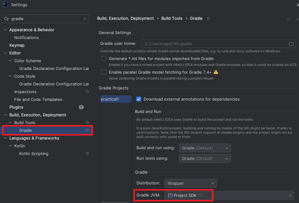 Screenshot of IntelliJ Gradle settings using the Project SDK
