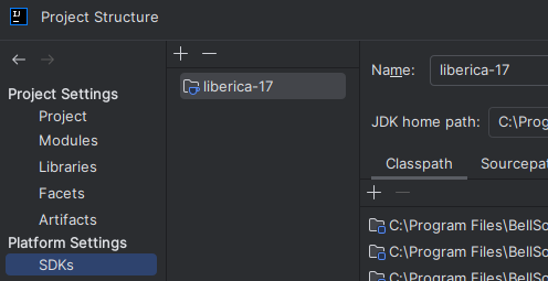 Screenshot of IntelliJ using a Java 17 SDK
