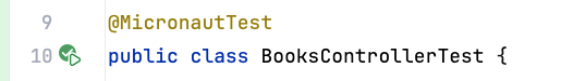 Screenshot of IntelliJ showing an icon to the left of the class when tests pass