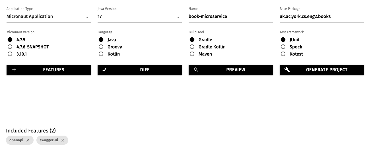 Screenshot of the selected options in Micronaut Launch