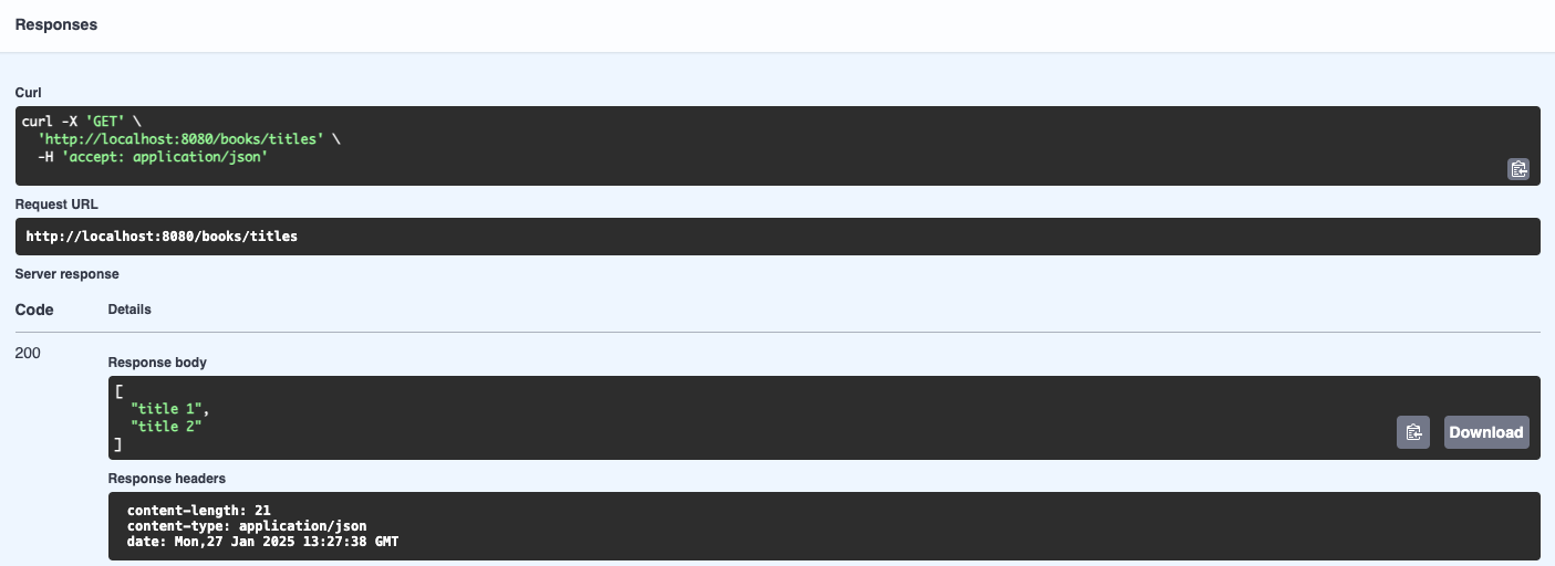Screenshot of Swagger UI showing the response from the endpoint