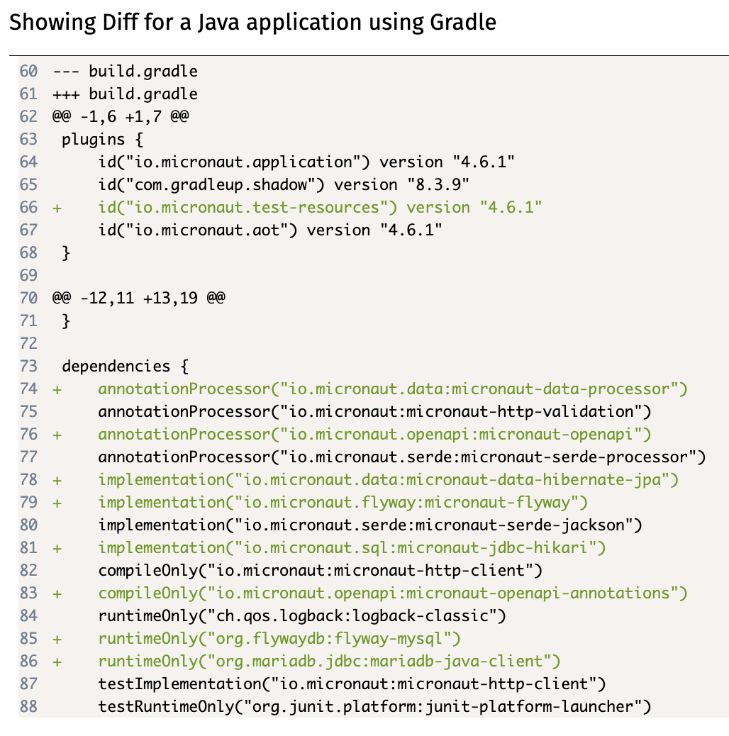 Screenshot of patch produced by Micronaut Launch for database access