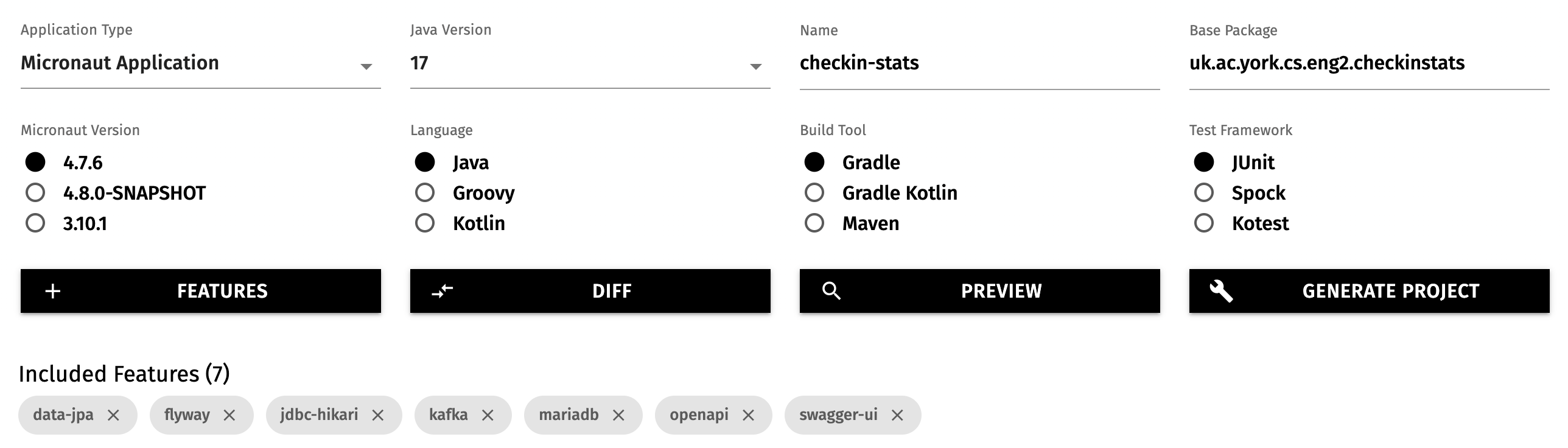 Screenshot of Micronaut Launch with the proposed options