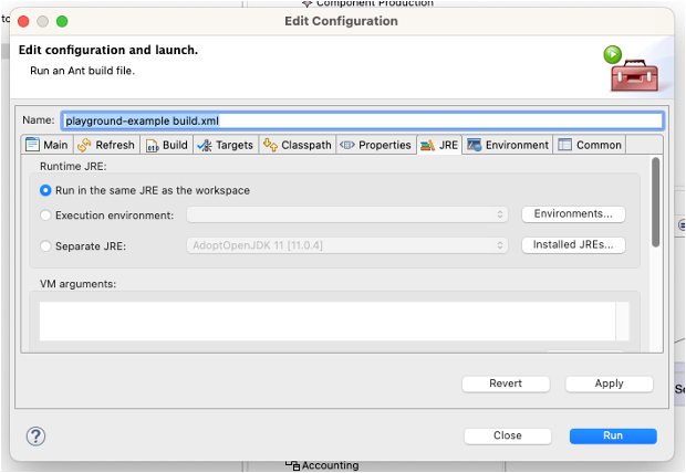 Ant launch configuration dialog, showing the “Run in the same JRE” option