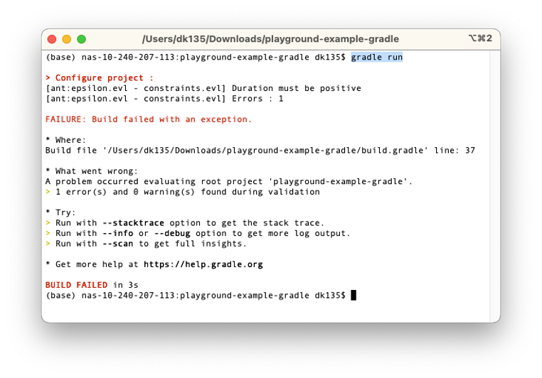 Screenshot of a terminal with a failed Gradle build due to validation not passing